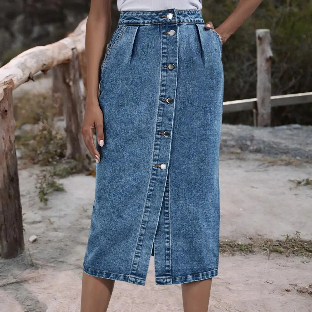 Women's Sexy Streetwear Button Women Skirt Autumn Winter Elegant Denim Skirt Female High Waist Casual Bodycon Long Skirts