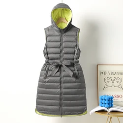 Dames Winter Capuchon Lang Vest Wit Eendendons Lichtgewicht Herfst Warme Mouwloze Jas Naadloos Vest Gewatteerde Outwear