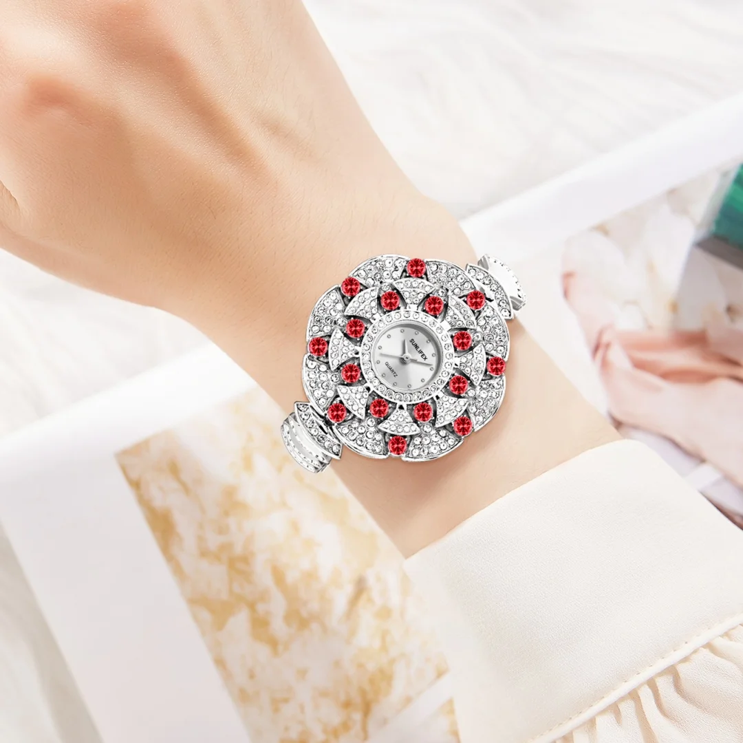 Серебряные часы с цветком, женские кварцевые наручные часы, роскошные часы-браслет, женские часы, женские часы со стразами и бриллиантами Reloj