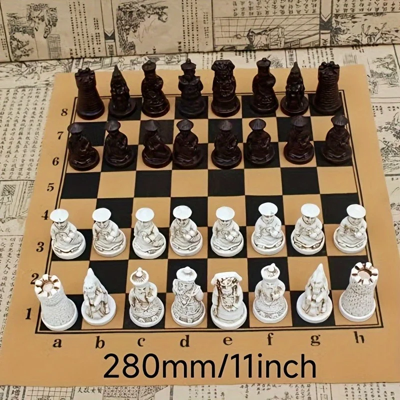 Vintage Chess Set PU Leather Board 3D Carved Resin Pieces Creative Soldier Statue Classic Strategy Game Ideal for Birthday Gifts
