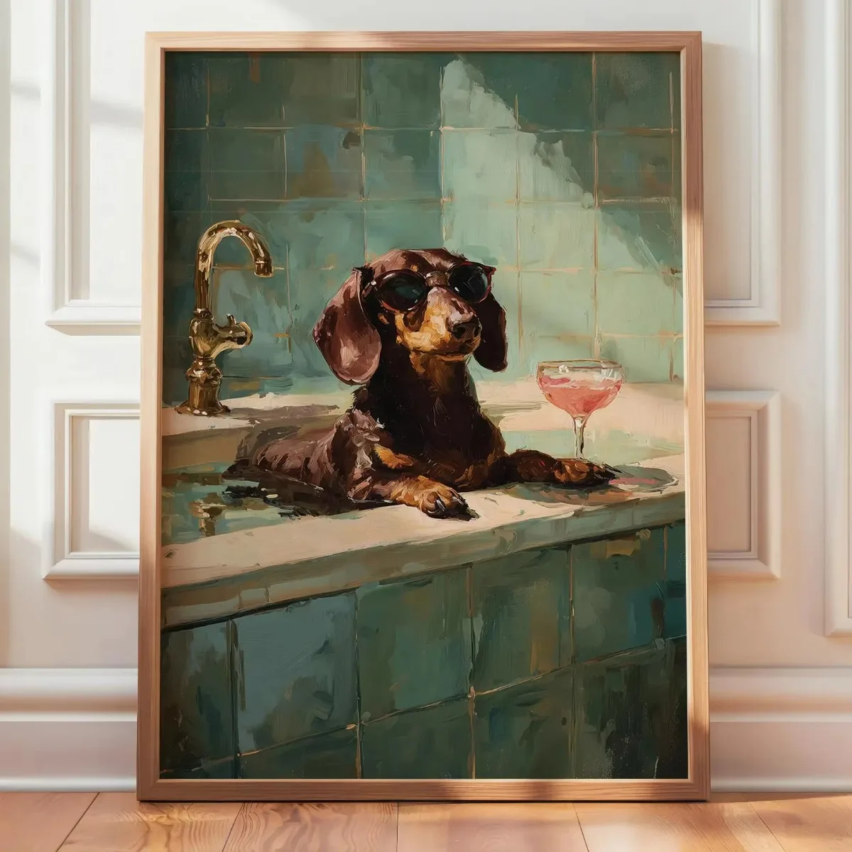 Funny Dachshund in Bathtub Canvas Prints Poster Dog Cocktail Whimsical Animal Art Prints Bathroom Wall Art Home Decor Poster