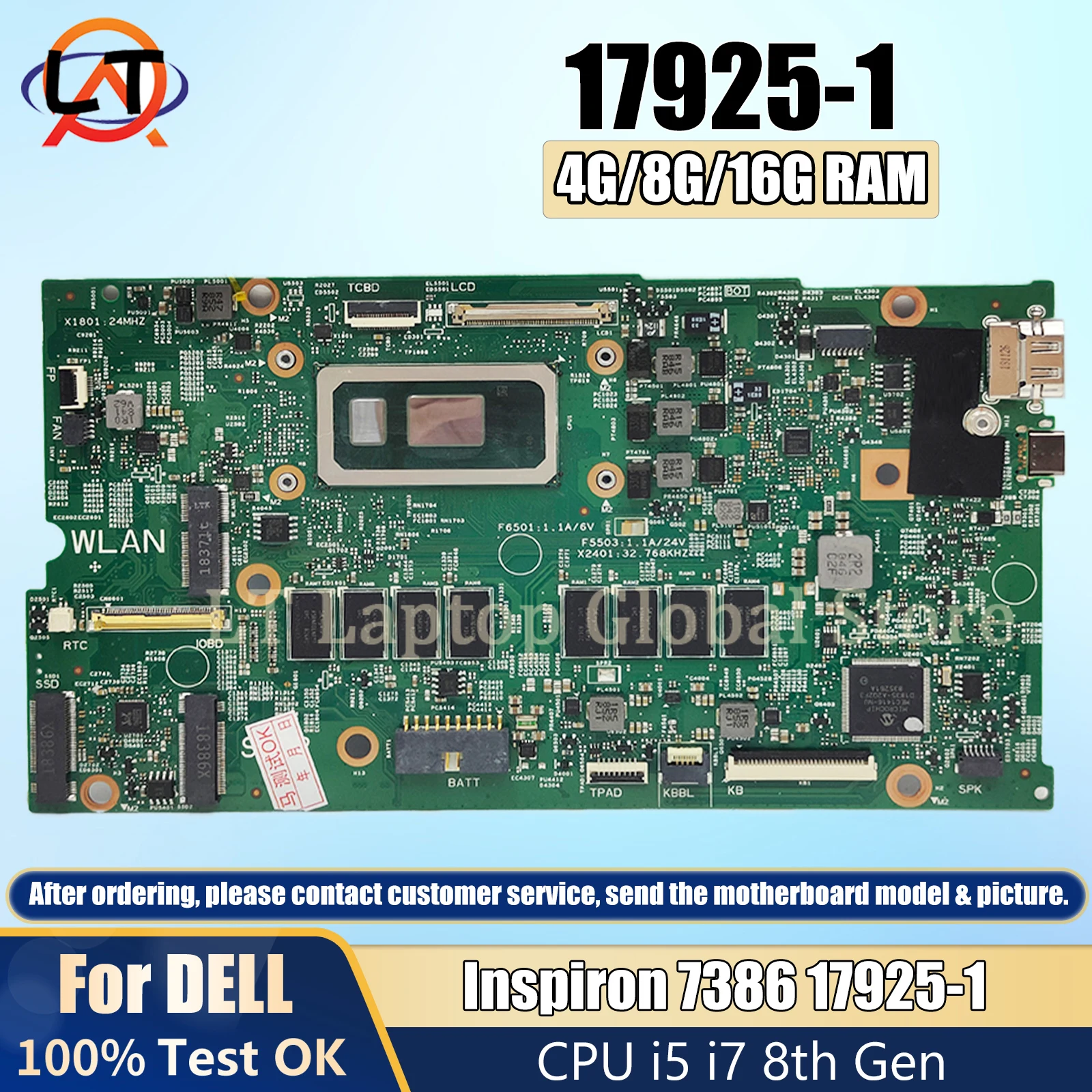 

Laptop mainboard 17925-1 For DELL Inspiron 7386 02CF17 0V86CW computer pc motherboard with cpu I5-8265U I7-8565U 4G/8G/16G RAM