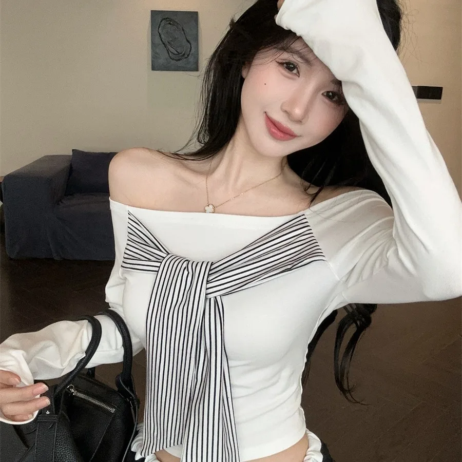 Slimming Effectiven Banded One oulder Splice Bal Striped Top Women's Faionable Vintage Design Autumn 2025