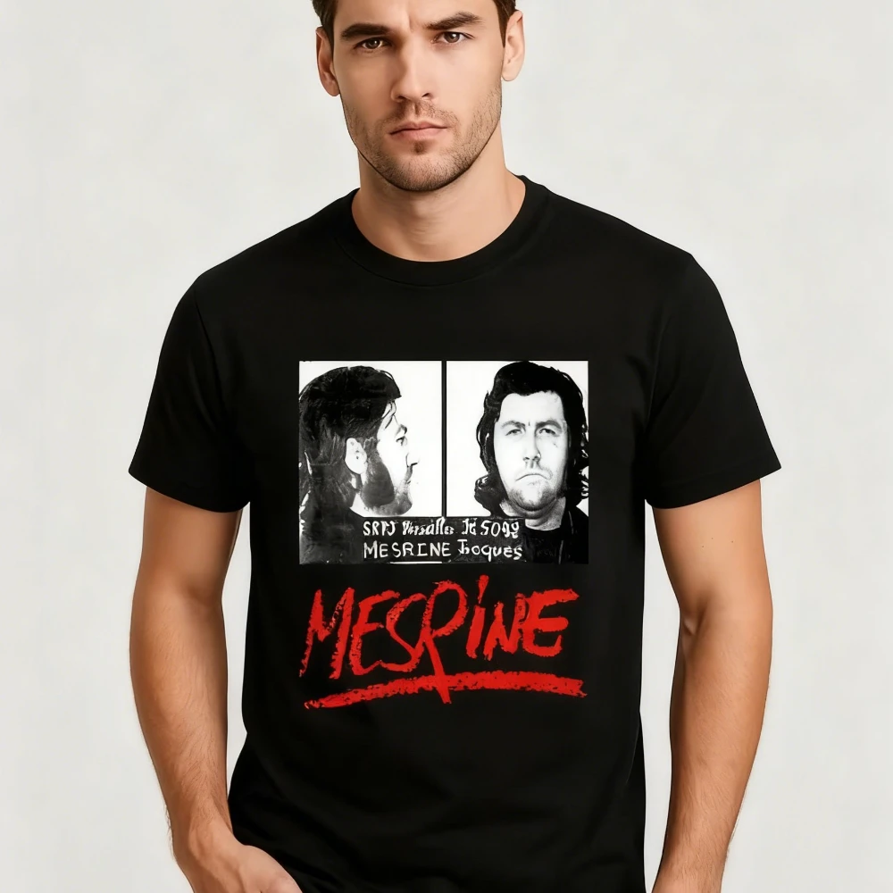 Men's Women's Jacques Mesrine Criminal Photo T-Shirt Retro French Gangster Iconography Vintage Outfit with Suspect Picture