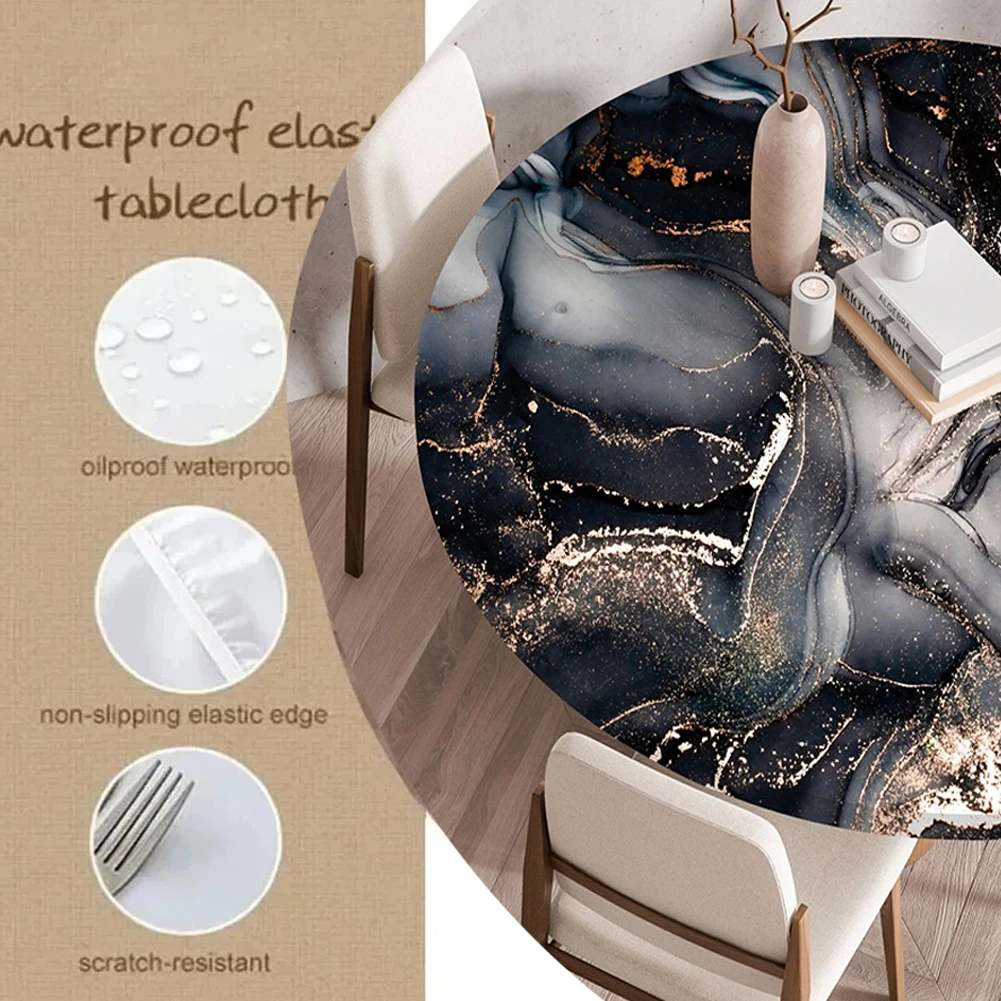 1PC Elastic Marble Print Waterproof Round Tablecloth - Waterproof Table Cover for Dining Round Tables, Anti-Spill & Easy Clean