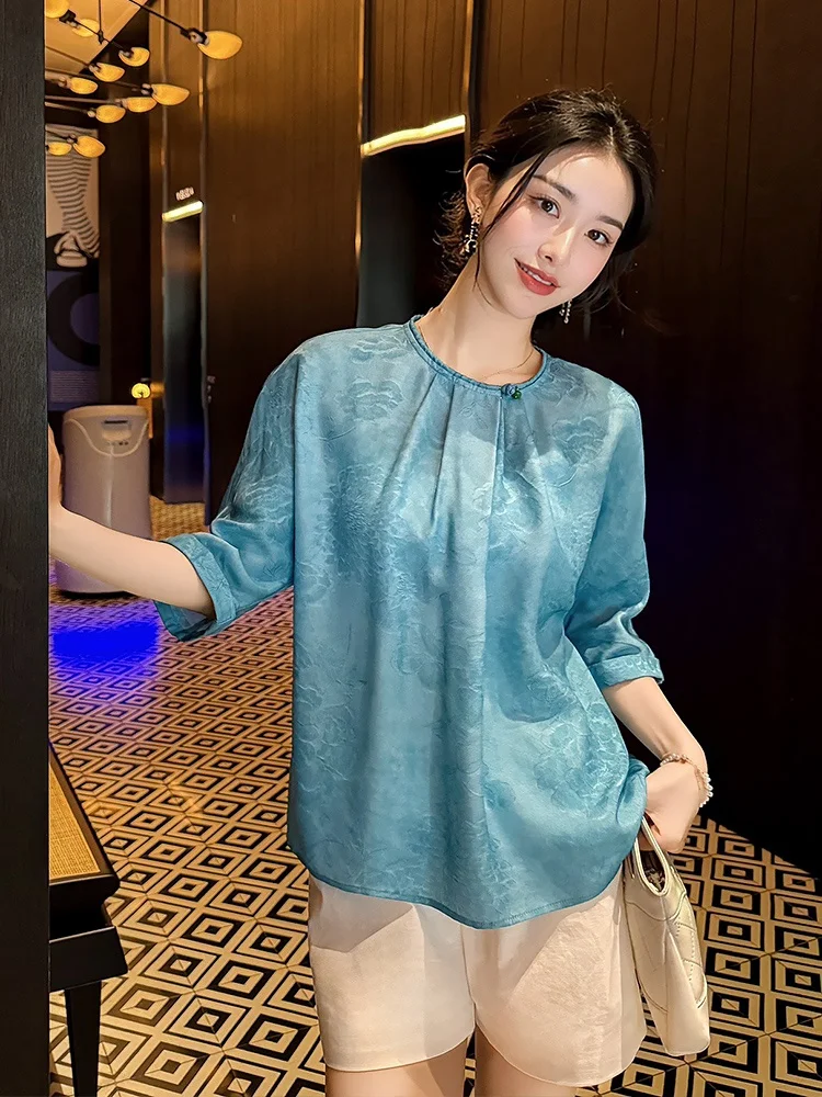 

100% Silk Fried Short Sleeve Shirt Women's Retro Design Sensation Small Flower Embroidery Anti-Aging Zen Spirit Top