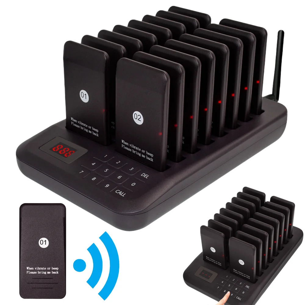 

Calling System With 16 Pagers Buzzer Light Vibration 4 Modes Keypad Transmitter Guest Paging Coaster For Restaurant Coffee Shop