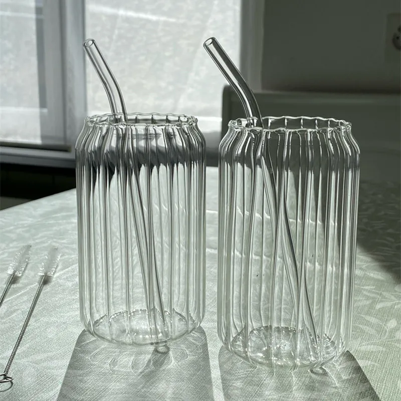 400/500ml Transparent Drinking Utensil Coffee Glass Cup with Straws Wine Milk Beer Cola Juice Cold Drinkware Handmade Can