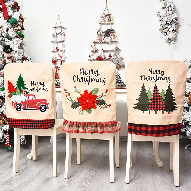 

Christmas Decoration Chair Cover Creative Cartoon Machine Embroidered Linen Christmas Flower Chair Back Cover Car Back Cover