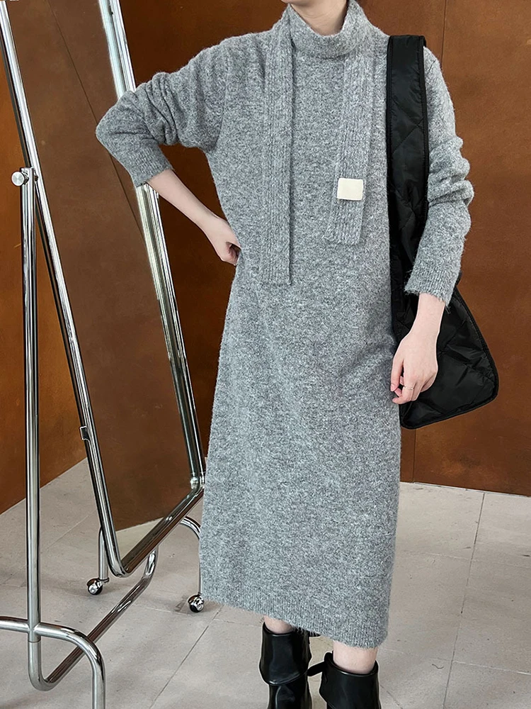 [EAM] Women Coffee Knitting Big Size Elegant Sweater Dress New Round Neck Long Sleeve Fashion Tide Spring Autumn 2024 1DH8132