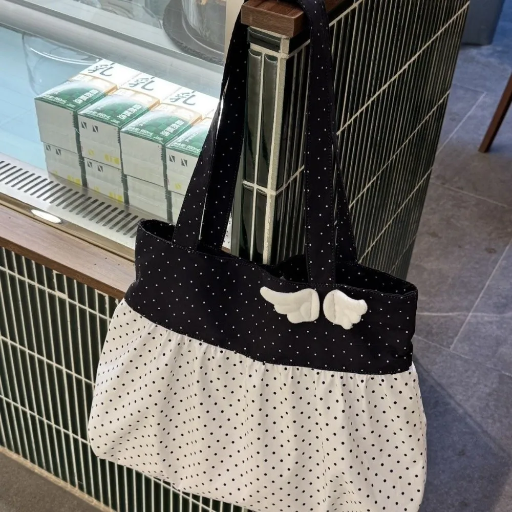 Cute Wing Polka Dot Shoulder Bag Pleated Canvas Retro Tote Bag Ruffled Lightweight Printing Handbag Office Worker