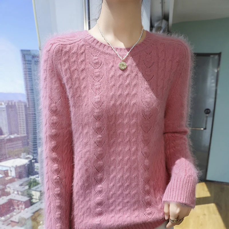 

100% Pure Mink Cashmere Knitted Sweater Women's Round Neck Hollow Thicken Pullovers Fashion Loose Large Size Long-Sleeved Blouse