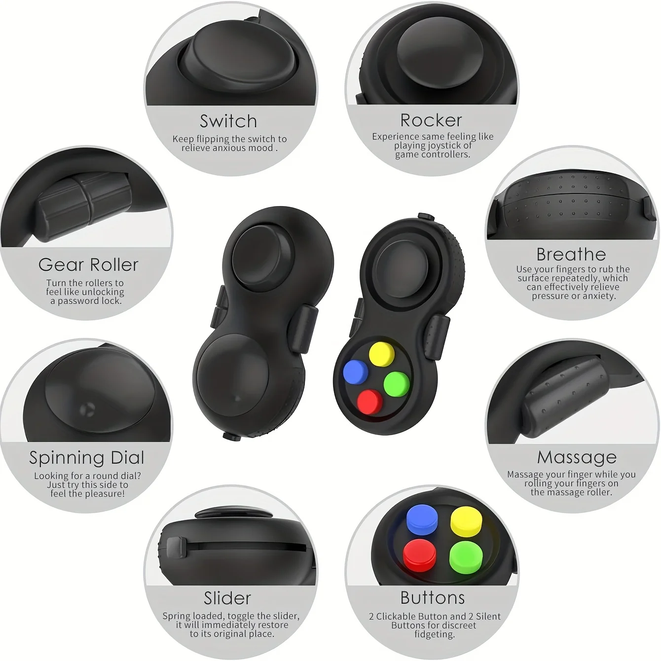 3Pcs Fidget Pad with 8 Fidget Functions, Fidget Controller Stress Reducer, Fidget Toy Cube Relieves Stress and Anxiety Toys