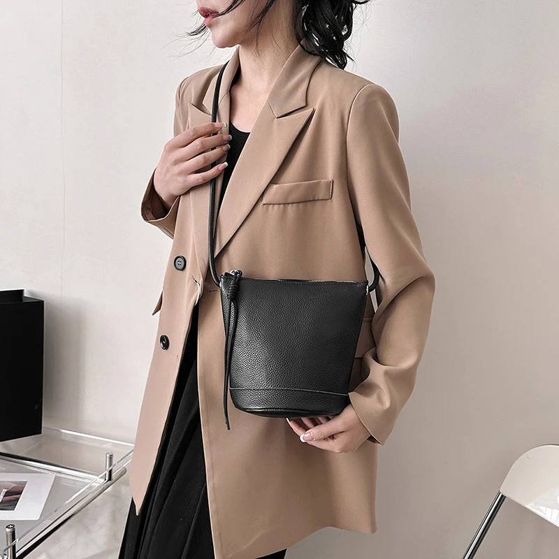 Women\'s Genuine Leather Bucket Handbag Large CapacityTote Bag 2023 Fashion Female Simple Shoulder Bags Casual Crossbody Bag