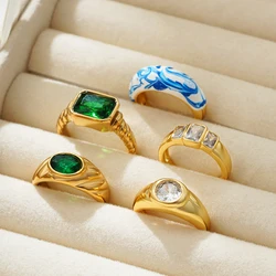 Trend Green Crystal Gold Color Thick Knuckle Ring for Women Sparkling Oval Zircon Chunky Rings Bride Wedding Jewelry Accessories