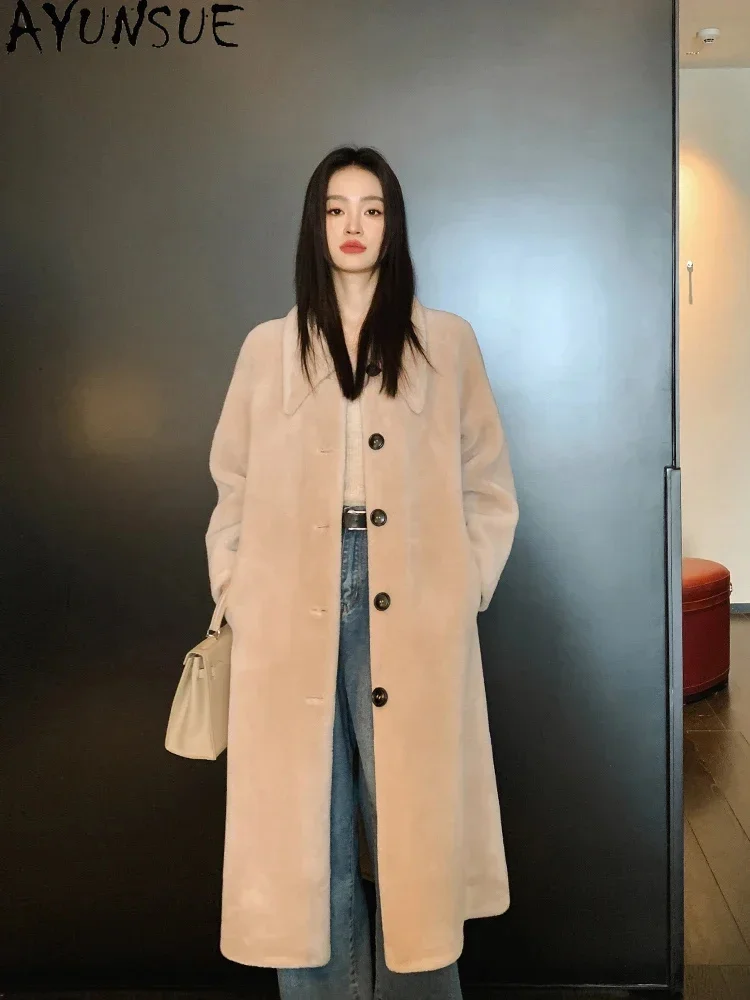 Elegant AYUNSUE Long Sheep Shearing Jacket for Women Winter 100% Wool Coat Womens Clothing Fashion Fur Coats Jaqueta Feminina