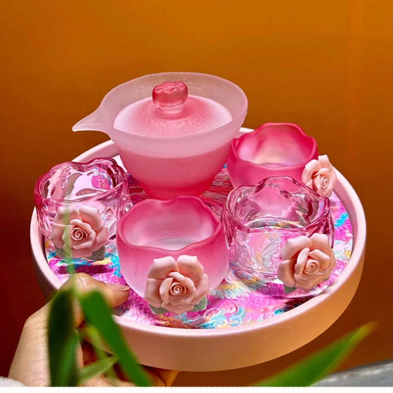 

Hand-held Pot, Pink Glass, Heat-resistant Cover Bowl, Internet Celebrity, Frozen Burning and Pinching Flowers