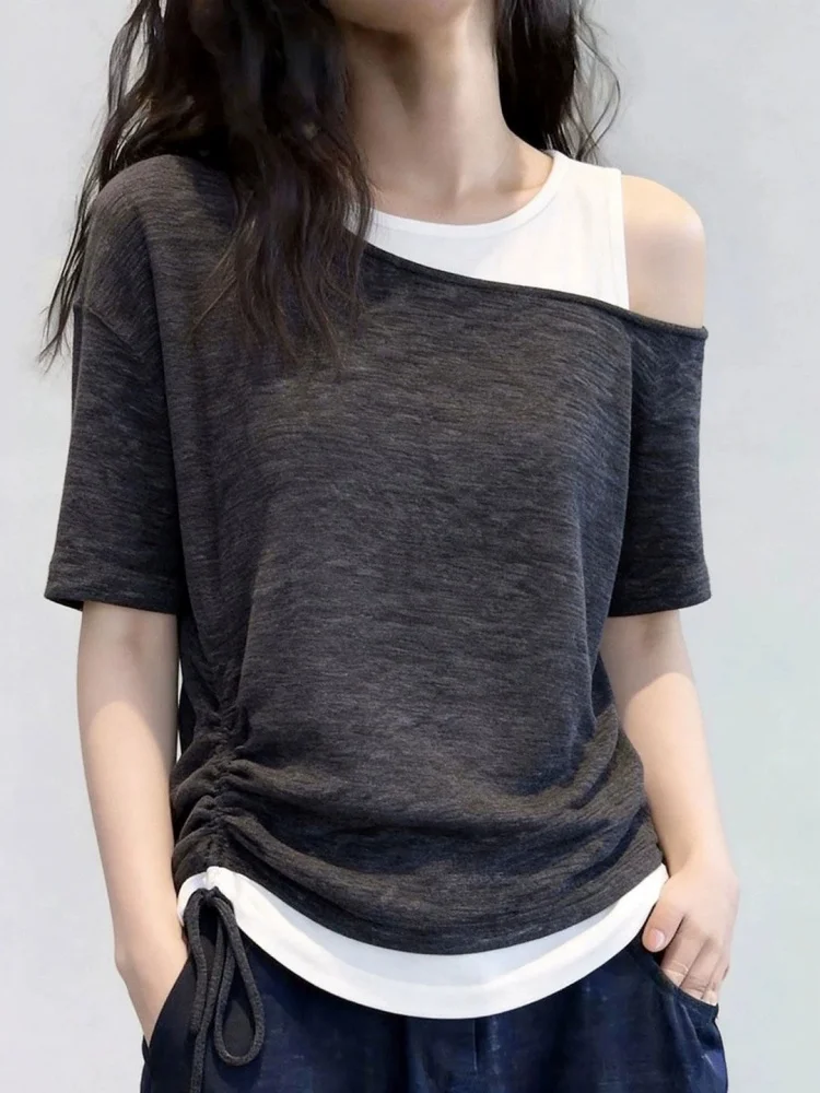 Fashionable Shoulder Bared Short Sleeve T Shirt Women's Summer plus Size Loose Versatile Diagonal Shoulder Top Commute Style