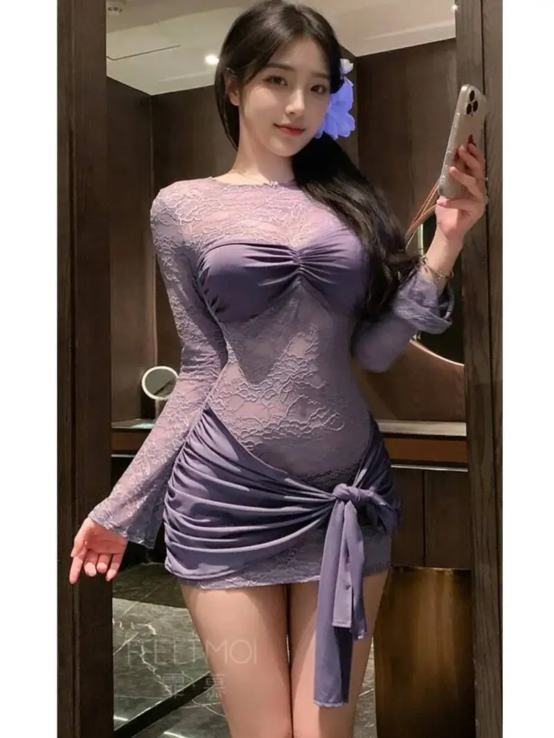 สีม่วงหวานชุดมินิแขนยาว O คอตาข่ายลูกไม้ SHEER เซ็กซี่ PURE Desire แขนยาวชุดลูกไม้เซ็กซี่ชุด IDB8