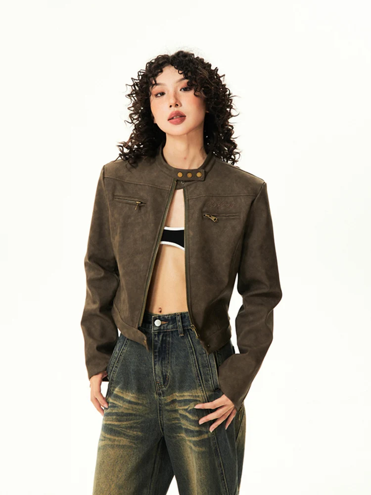 

Young Stage American Retro Brown Leather Jacket Women's Short Slim Fit Motorcycle Jacket Trendy Autumn Warm Zipper Closure