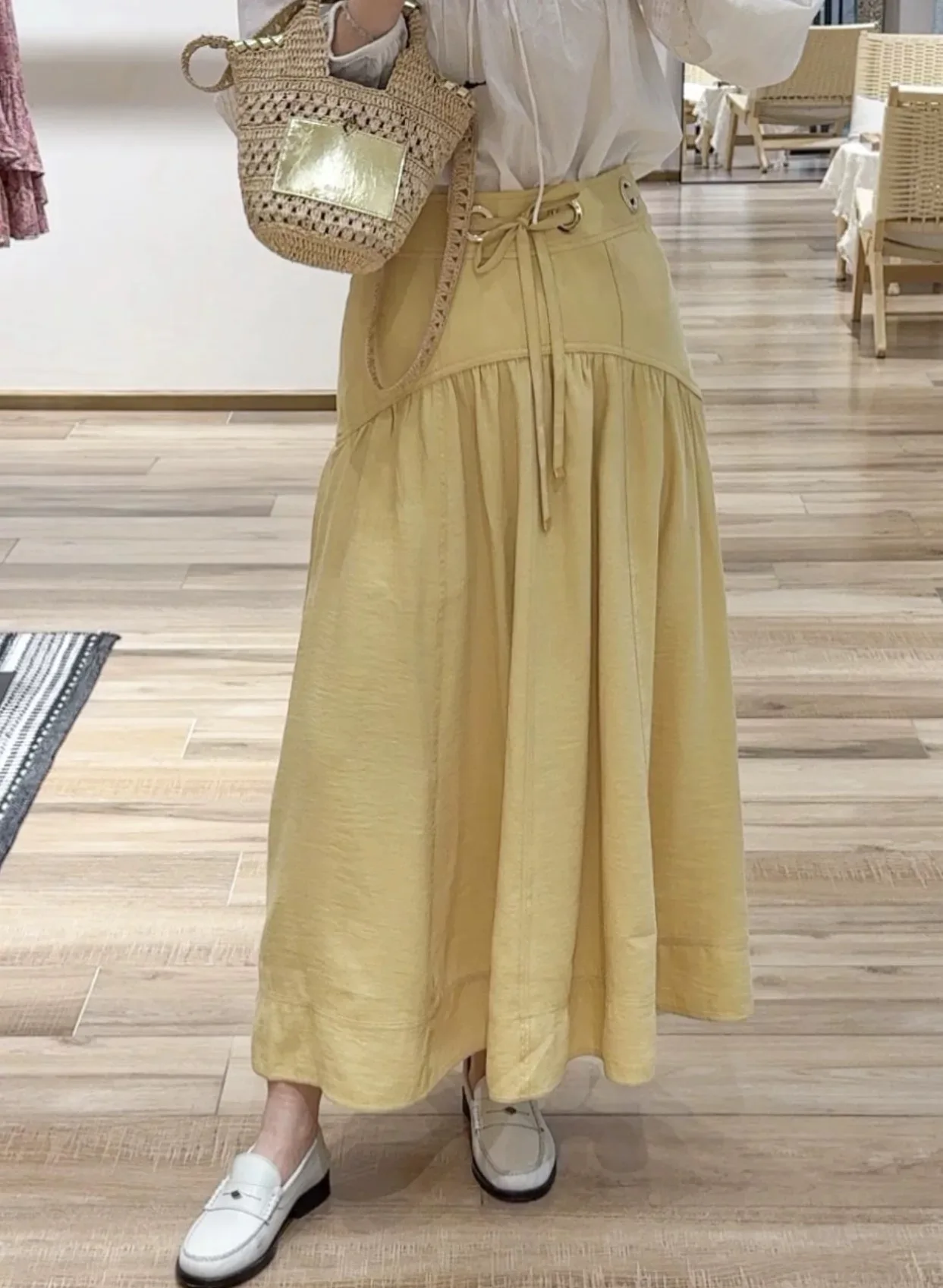 

Bash2026 Spring New Loose Casual Wheat Straw Yellow Drawstring A-Line Midi Skirt Long Skirt Commute Style Ladies mid Waist