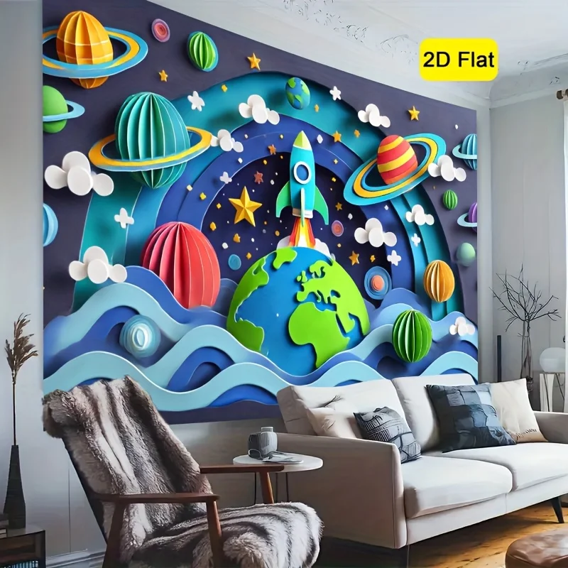 Paper Craft Space Rocket Planets Universe Tapestry Kids Room Nursery Decor Educational STEM Learning Tool Colorful Galaxy