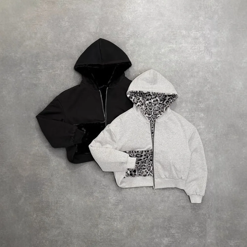 Retro Leopard Print Stylish Loose Zipper Hoodie Y2K Fashion Double-sided Wearable Men's Street Casual Sweatshirt Women's Top