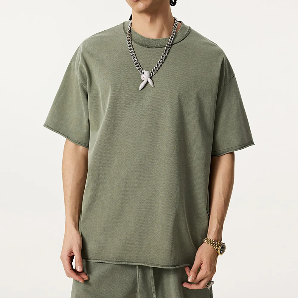 

New Vintage 2025 Summer Men 275gsm Batik Washed Cotton T-Shirts Unisex Loose Edge O Neck T Shirt Brand Tees 2591 45