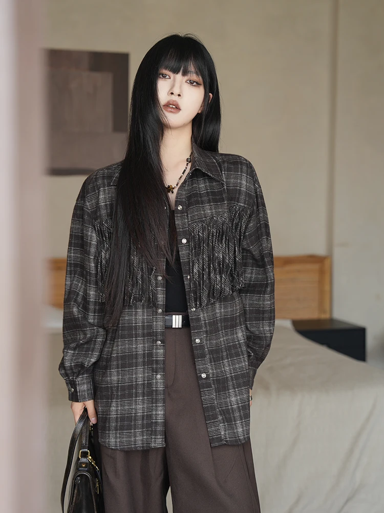 

Retro Tassel Trim Plaid irt Jaet Women Loose Fit Long Sve Autumn New Sle Polyester Blend Straight Cut Daily Wear