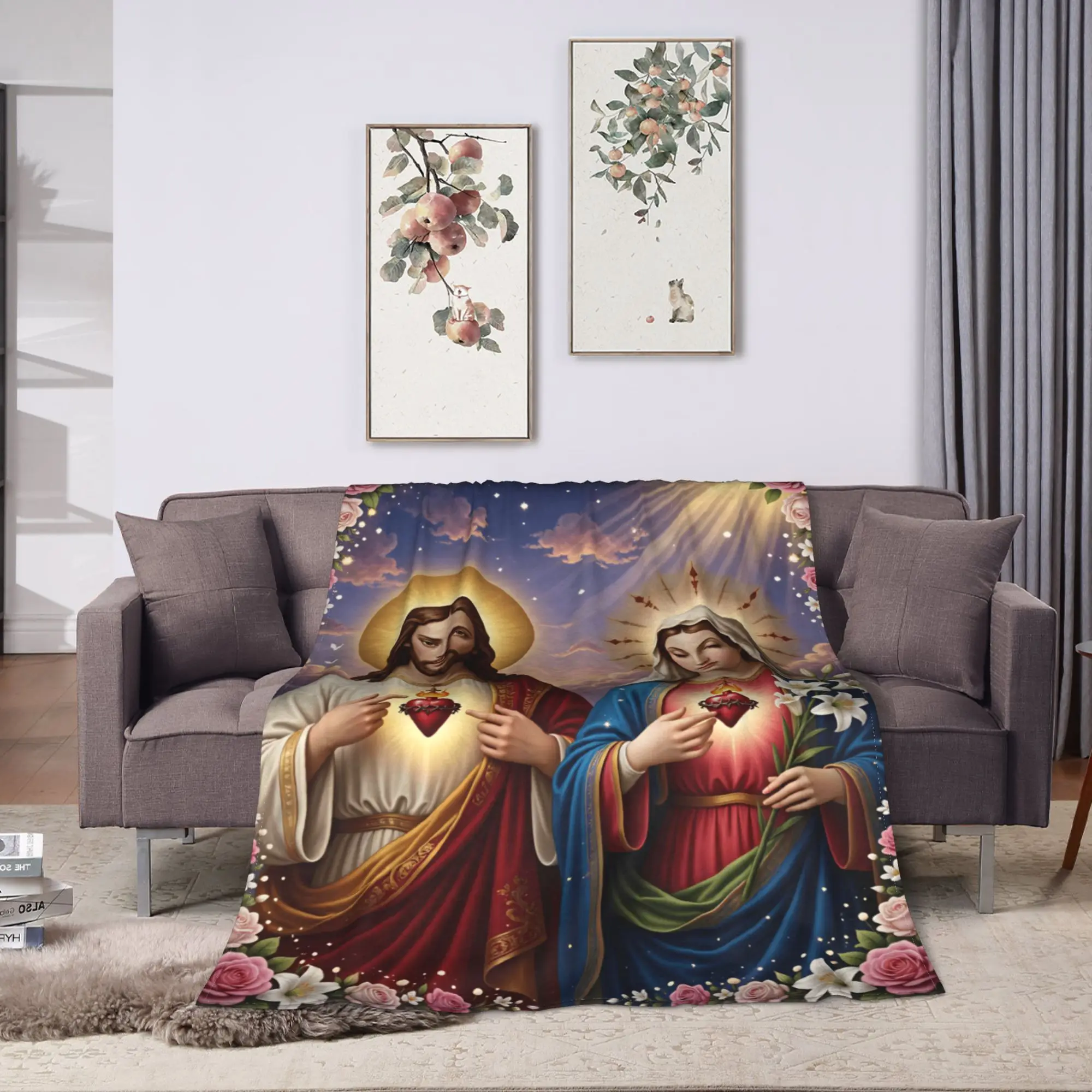 Sacred Heart of Jesus and Immaculate Heart of Mary Blanket Warm Comfy  Throw Blanket Winter Girls Chair Bed Travel Bedspread