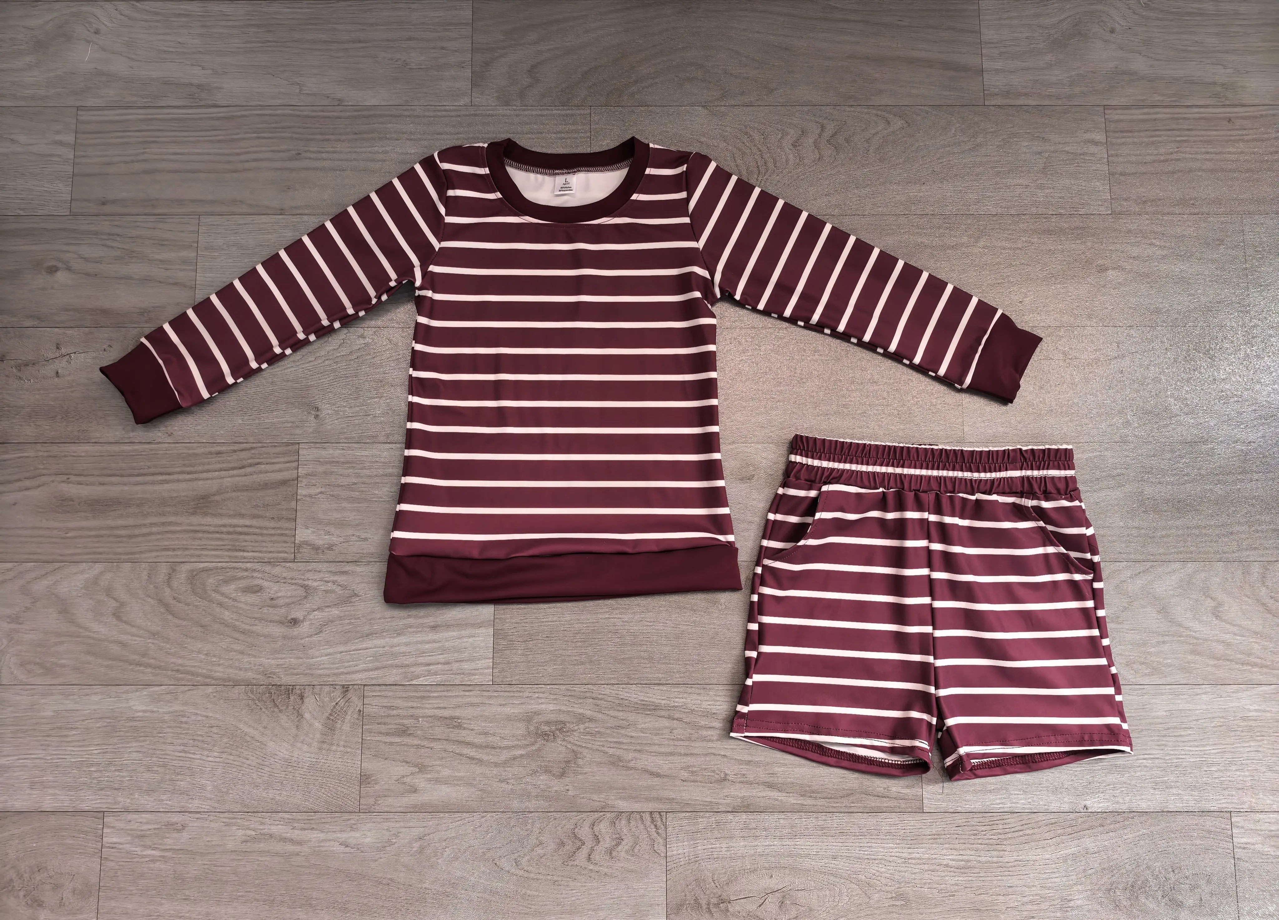 Wholesale Toddler Dark Red Stripes Shirt Shorts Kids Set Athletic Baby Girl Yoga Active Summer Breathable Clothing