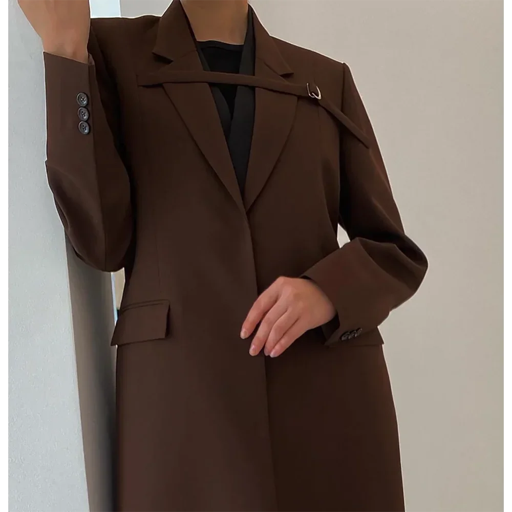 Lady Abaya Brown Women Long Jacket Slim Single Breasted Female Daily Coat Formal Ankle Length Dress Jaqueta Feminina