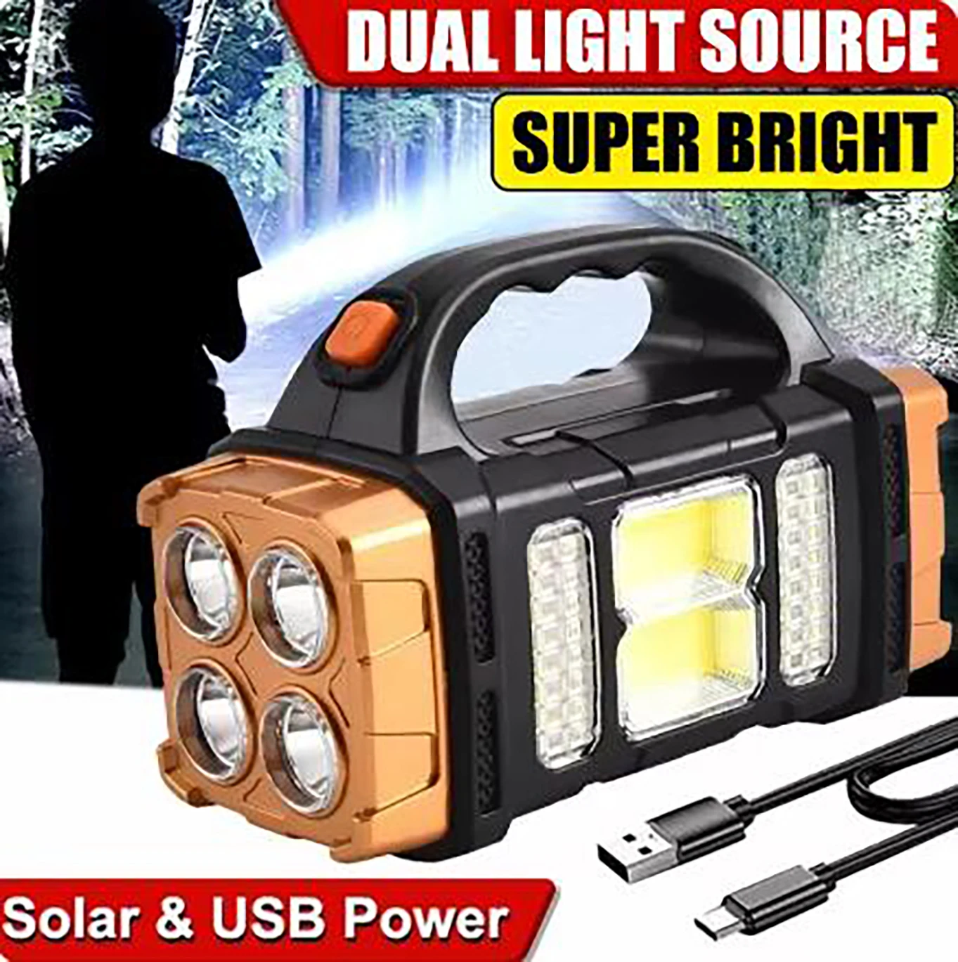 1pc Portable rechargeable flashlight, solar powered LED light with COB work light, rechargeable camping light