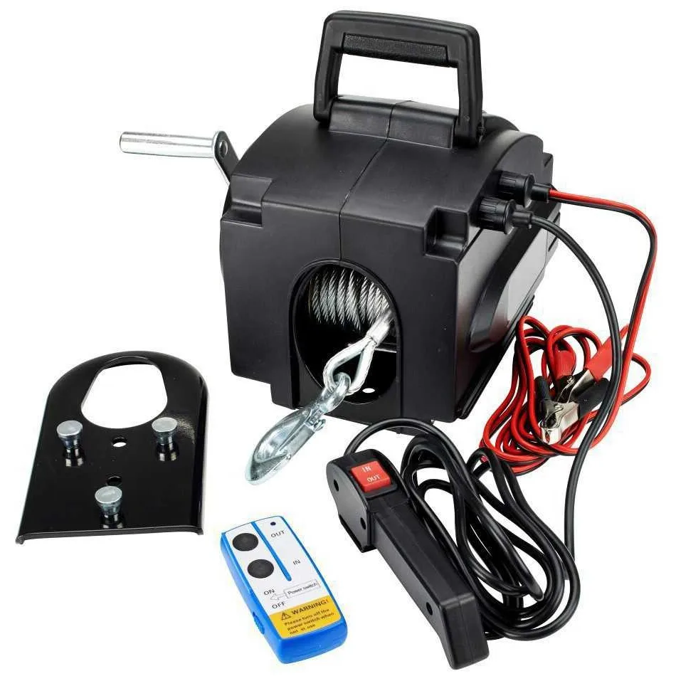 3500lbs Portable 12V Electric Winch – Reversible Boat Trailer Winch with Manual Override & Wire Rope for Marine Towing