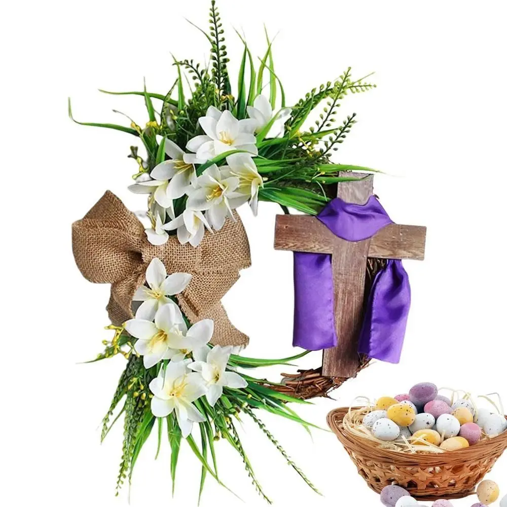 Rustic Recyclable Easter Cross Wreath Easy to Hang With Bow Easter Wreath Pendant Stable Door Hanging Ornament Outdoor