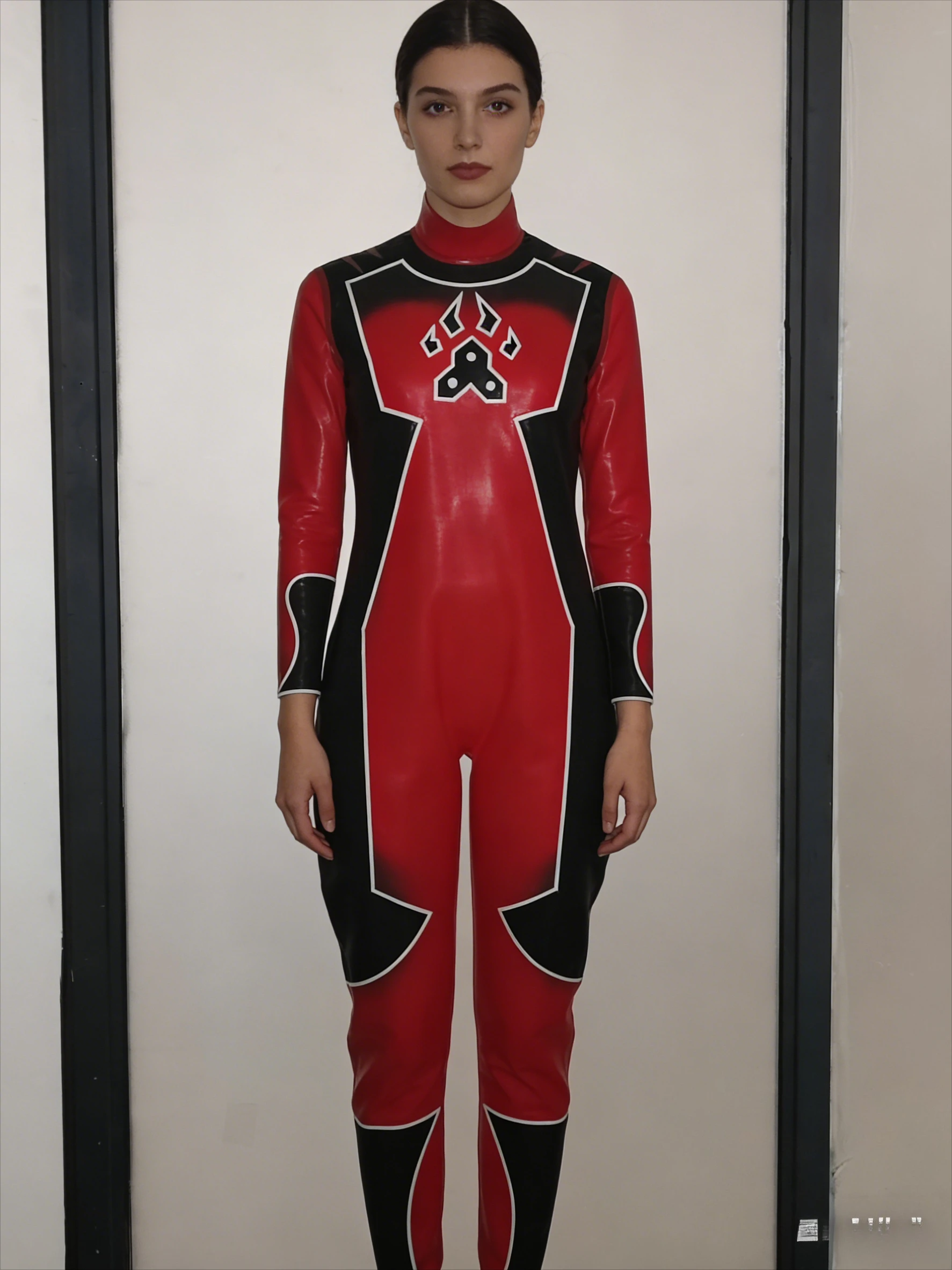 

Latex Catsuit Rubber Cool Handsome Unisex Fashionable red and black spliced racing uniform