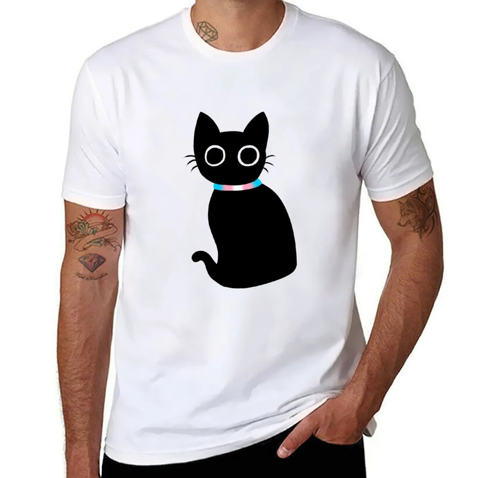 

Cute Black Cat with LGBT Trans Collar T-Shirt cotton t shirt pack t shirts for man graphic funny men t shirt cotton 100% T-shirt