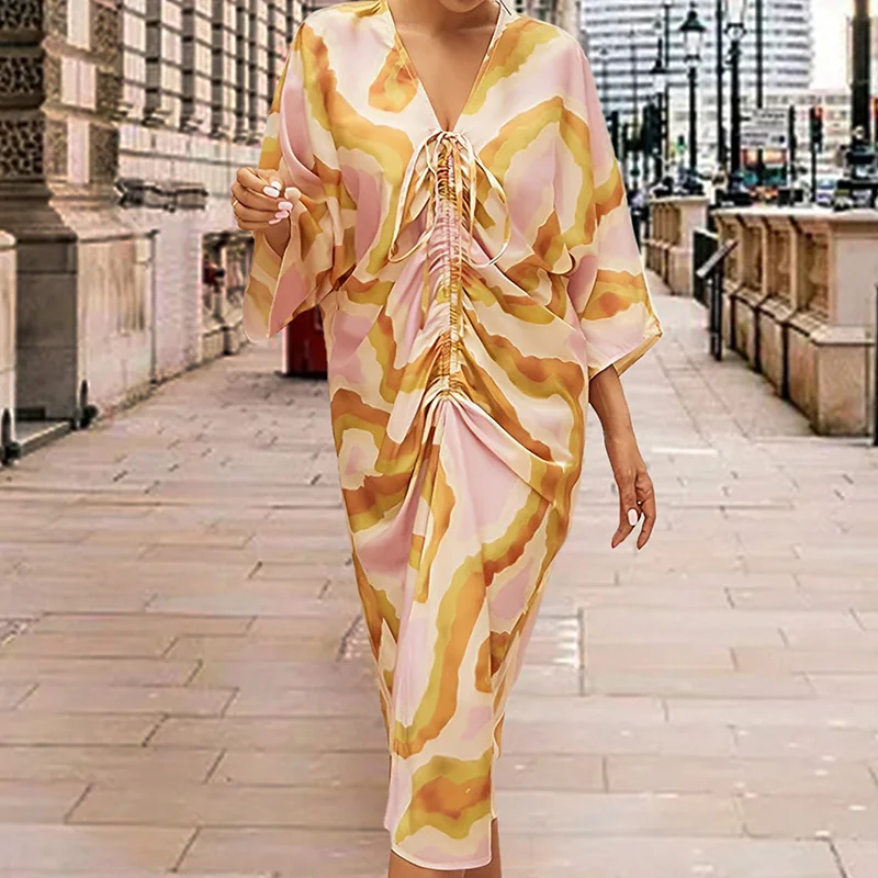 Feminino casual manga morcego bohe vestido de festa moda padrão impressão férias vestidos soltos elegante com decote em v cordão tie-up vestido longo