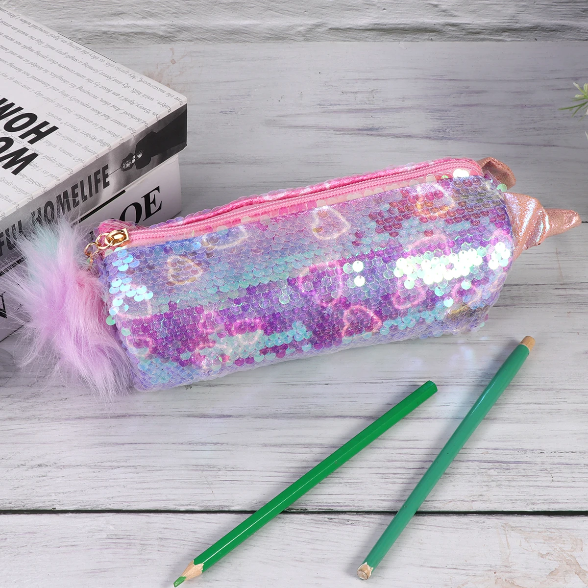 

1Pcs Shiny Sequin Pencil Case Transparent Pouch Cartoon Makeup Bag Stationery Storage Organizer Pink