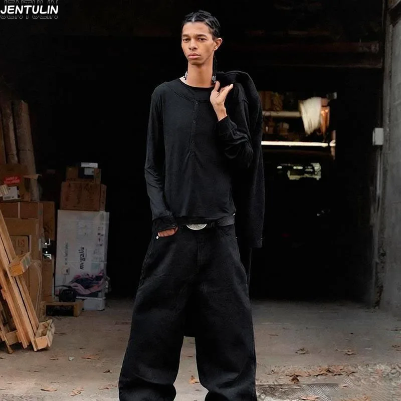 

Button Harajuku Solid Color Y2k Long Sleeve Top Hip Hop High Street Long Sleeve T-shirt Fashion Punk Tee Rock Goth Fake Two Top