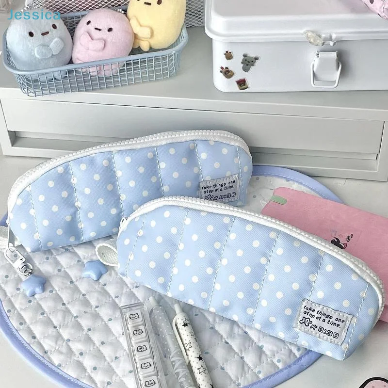〔S〕Polka Dot Pencil Case Soft Padded Durable Zipper For Students School Office Stationery Storage