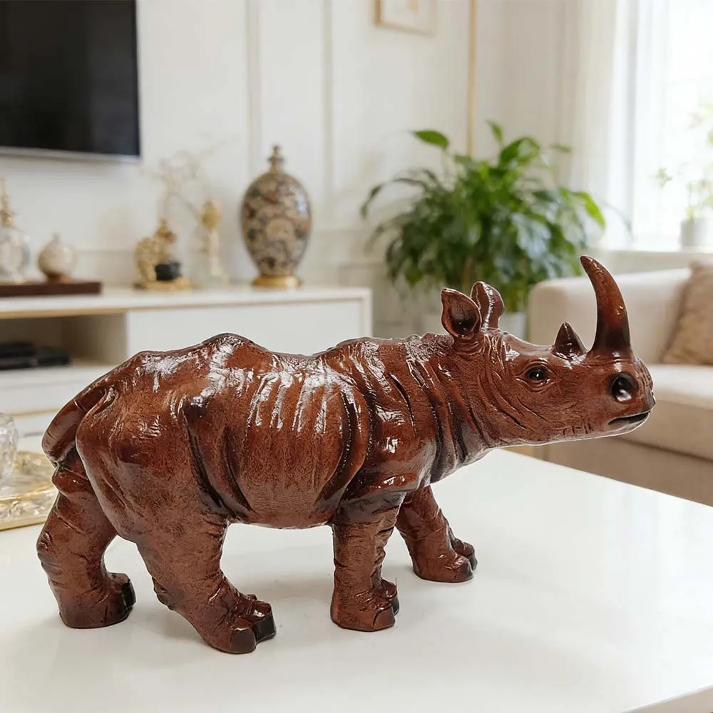 1PC Realistic Wood Grain Rhino Statue, Brown Resin Sculpture, Desktop Decor Unique Gift for Animal Lovers