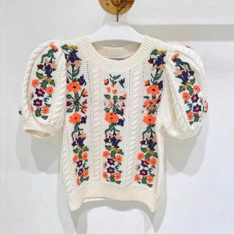 Flower Embroidery Short Sleeve Sweater Women Fashion Hollow Out Design O-Neck Slim Pullover Knitwear Crop Top 2023 Summer