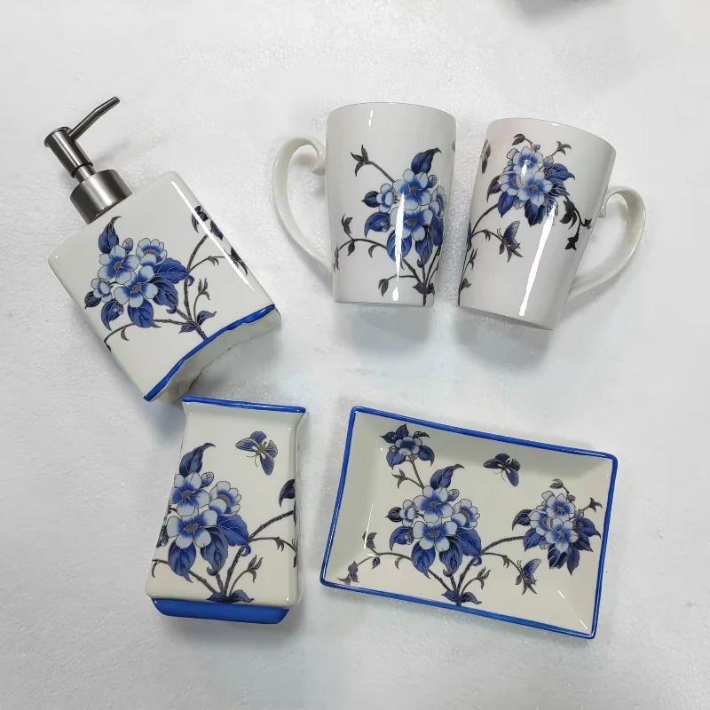 China-Chic Set di tazze per collutorio in ceramica blu e bianca Set di servizi igienici per la casa Set di tazze per spazzolino da denti per coppie, arredamento per il bagno