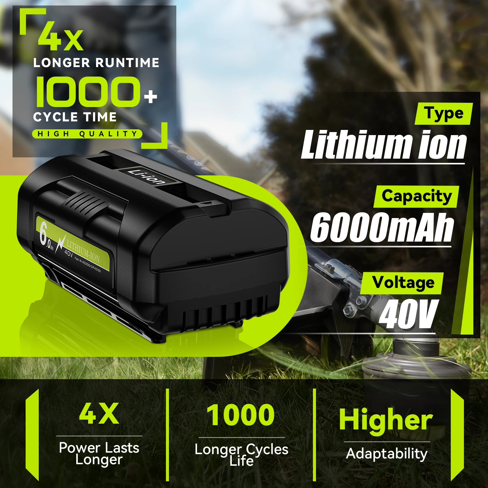 40V 6.0Ah Li-ion Rechargeable Battery Ryobi OP4050 OP4026 OP40401 Fit RY40502 RY40200 Cordless Power Tools Replacement Battery