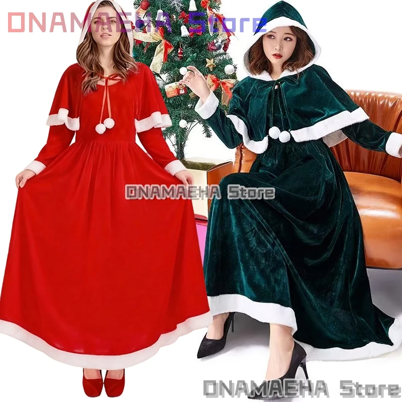 

Красно-зеленые рождественские костюмы Санта-Клауса для взрослых для косплея {ONAMAEHA} женское винтажное мягкое бархатное платье, плащ для рождественской вечеринки