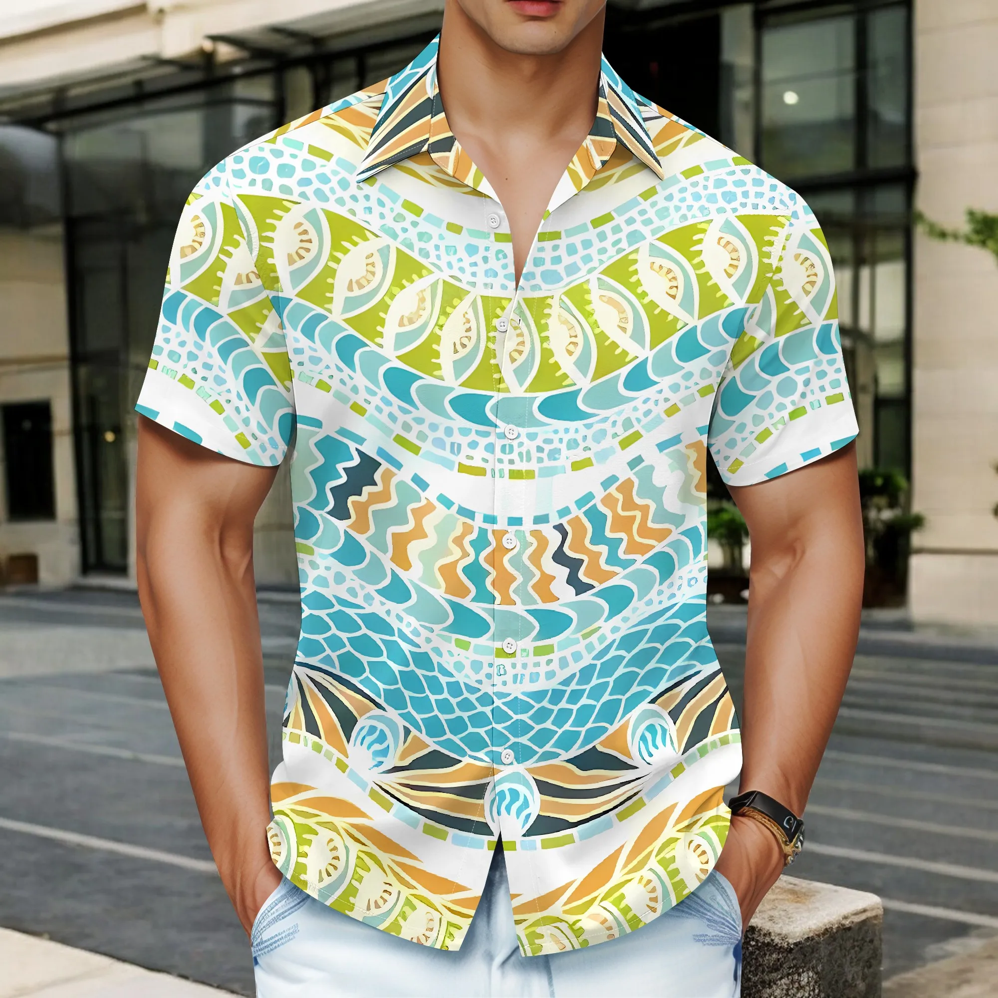 

YEAE Blue Green Geometric Wave Print Shirt for Men Summer Casual Short Sleeve Top