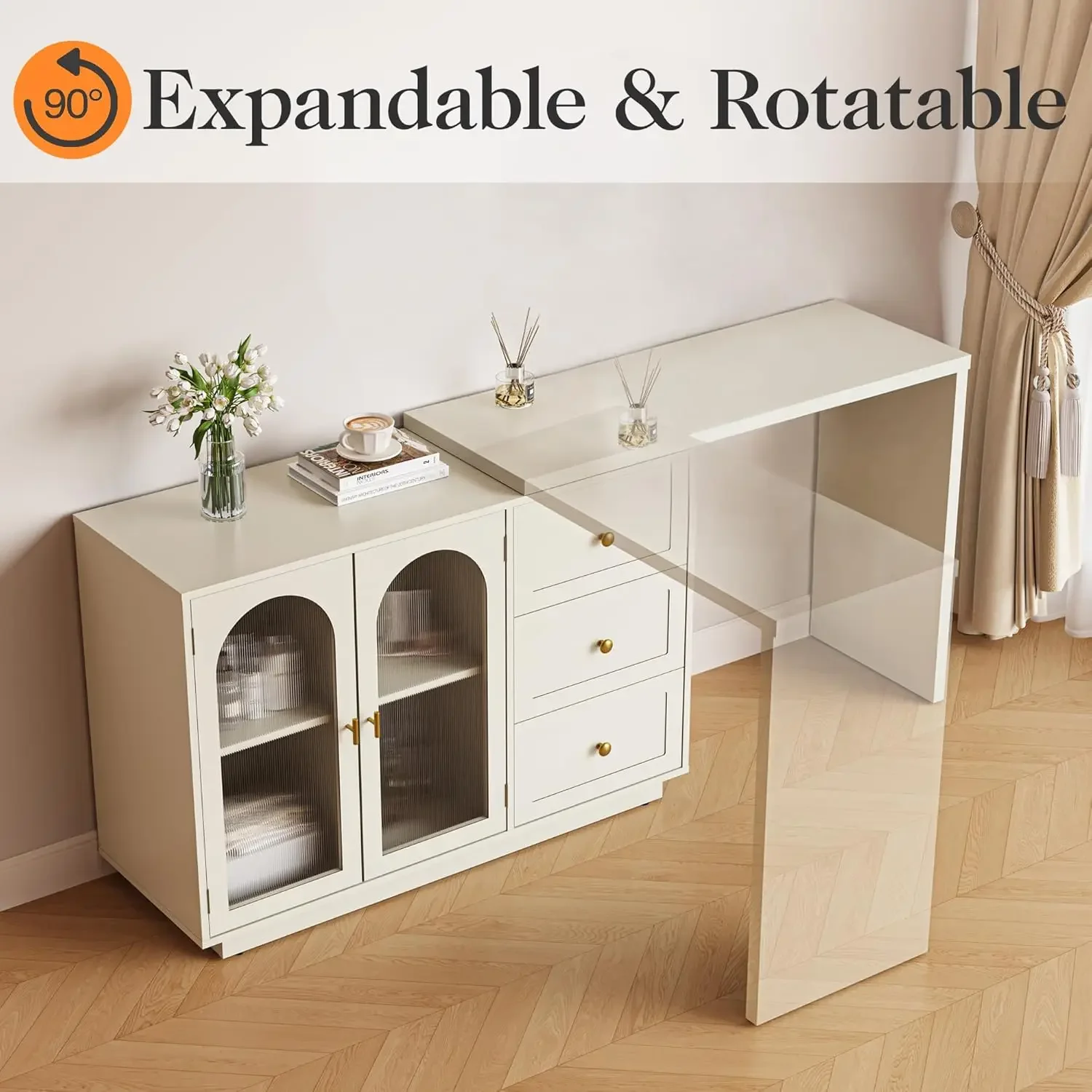 Makeup Vanity Desk, Extendable Corner Vanity Makeup Table with 3 Drawers & 2 Doors, Modern Dressing Table for Bedroom