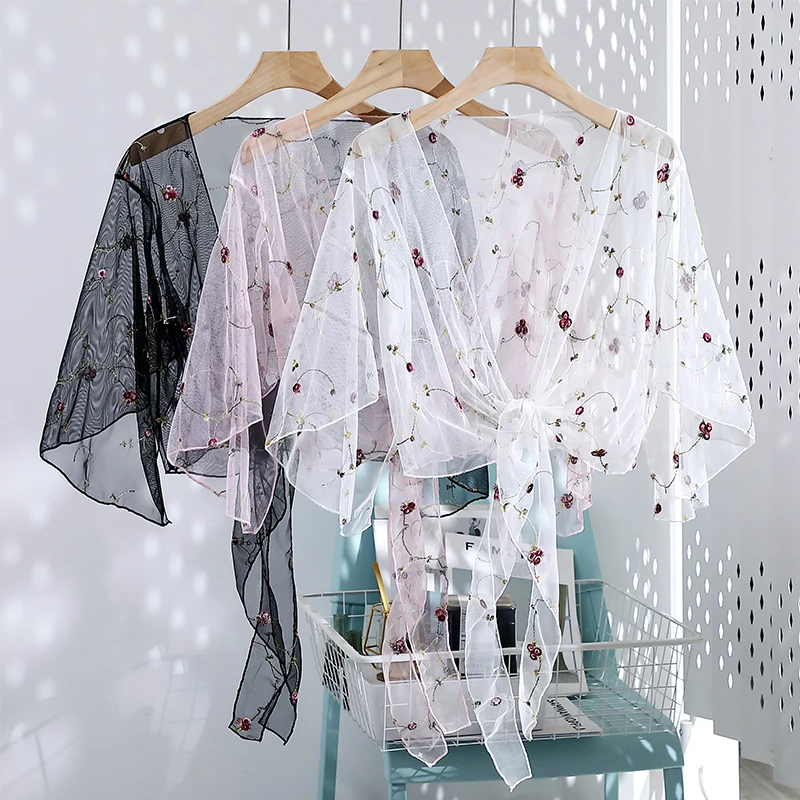 Women Mesh Sheer Cover Ups Shirts Tops Floral Embroidery Long Sleeve See-through Cardigan Blouse Beach Style Shawl Shirts