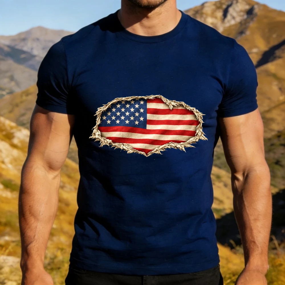 Distressed Barbed Wire USA Flag Graphic TShirt Men Summer Cotton Short Sleeve American Patriot Casual Tee Independence Day Gift